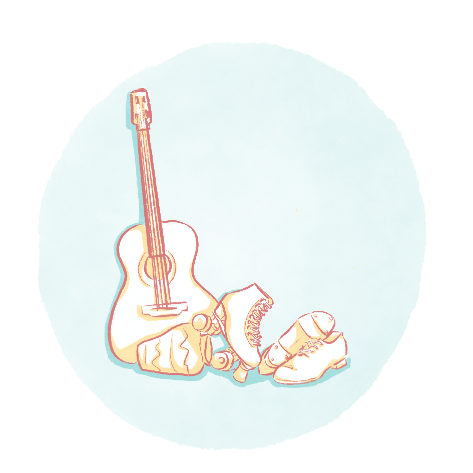 Illustration of a guitar, vase, tap shoes, and rollerskates, piled on top of each other