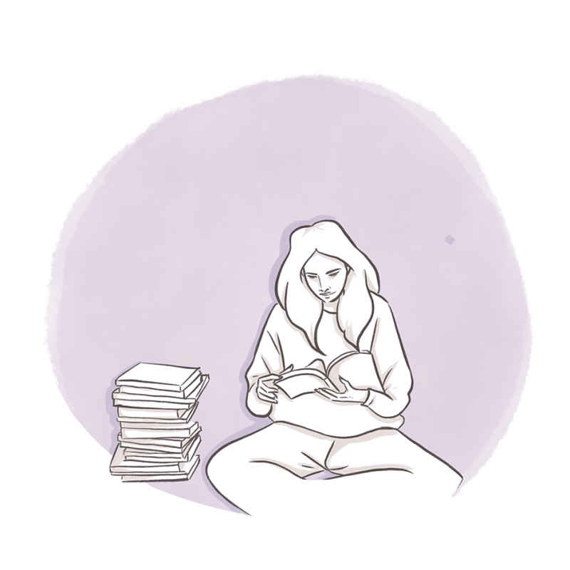 Illustration of a woman with long hair, sitting on the floor crosslegged and reading a book. Next to her are a pile of books.