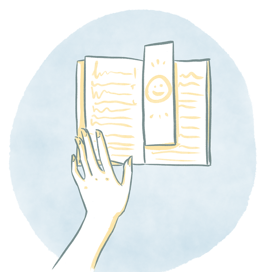 Illustration of a hand with a book open. The open book has a bookmark with a smiley face in the middle.