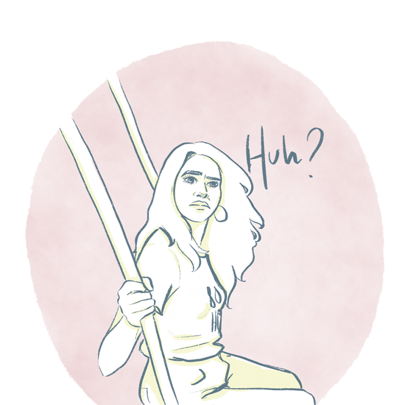 Illustration of a woman with long hair on a swing, and the text "Huh?" next to her. Her shirt says 80HD